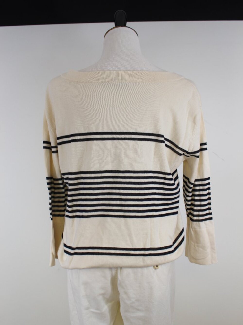 Autumn Cashmere Stripe Boat Neck Sweater Cream Black‎ Parisian Euro Summer M - Picture 7 of 9